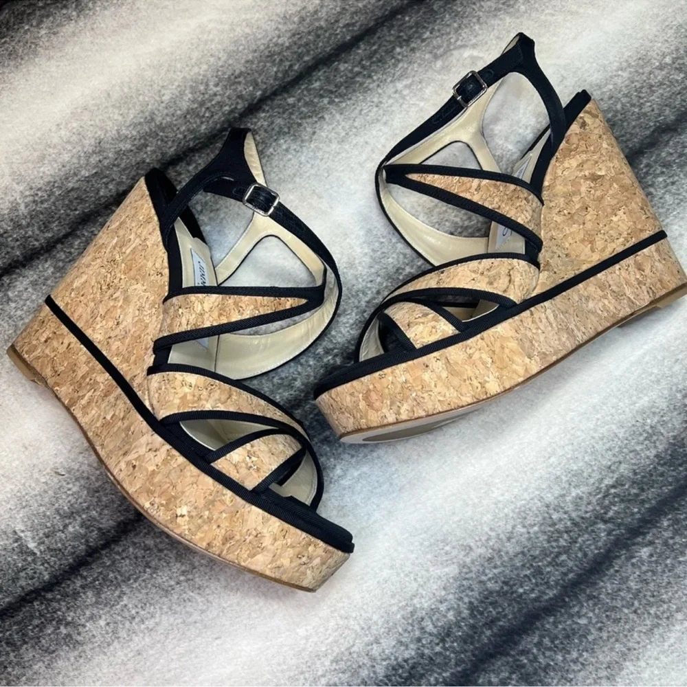 Jimmy Choo Alissa 120 mm Natural Black Cork Grosgrain Wedge Platform Heels